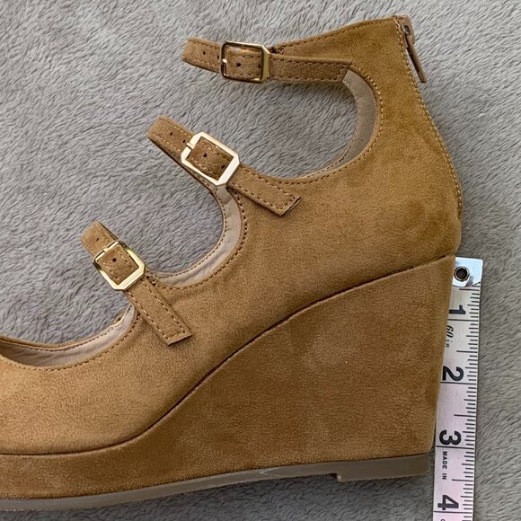 Journee Collection Skyla Tan Microsuede Strappy Peep Toe Demi Wedges - Picture 13 of 15